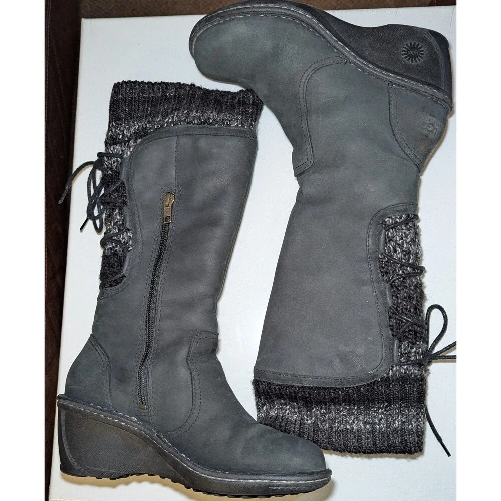 UGG Women's Skylair Tall Black Suede Leather Sheepskin Lined Wedge Boots Size 7 - Picture 3 of 11